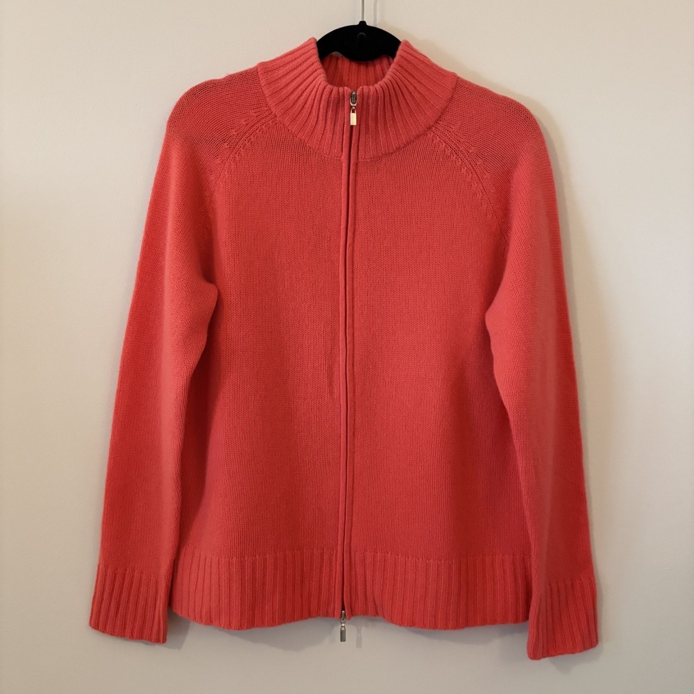Lord & Taylor 100% Cashmere Full Zip Sweater Coral XL Mock Neck Layer Preppy